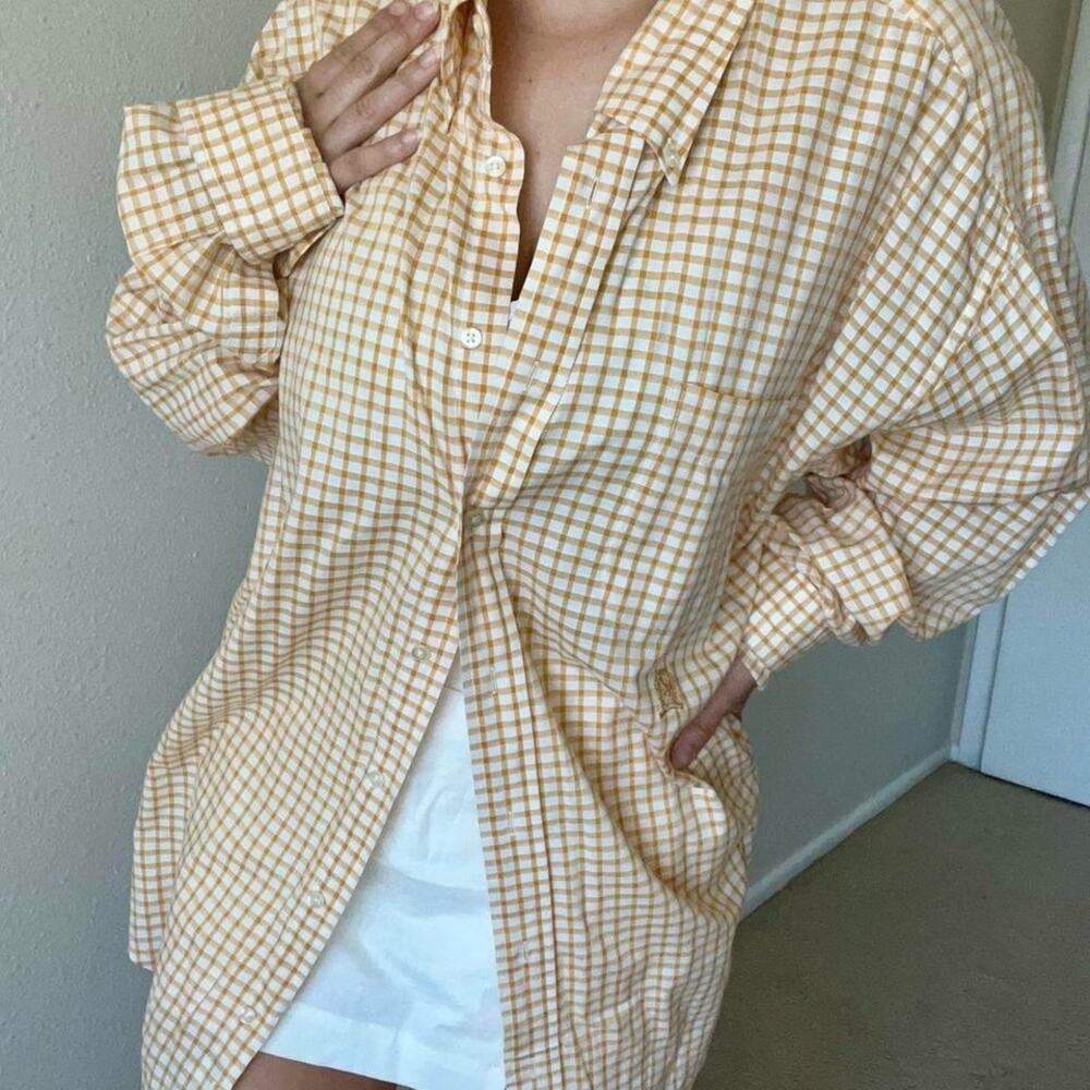 Tommy Hilfiger Butter yellow plaid button up vacation resort coastal preppy y2k